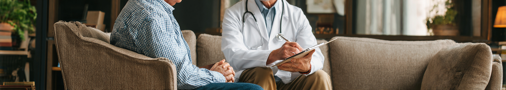 תמונת אוירה של רופא ומטופל יושבים על ספה חומה